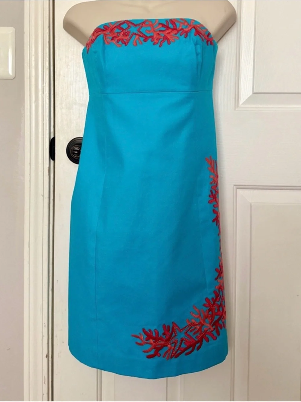 Lilly Pulitzer Turquoise Strapless Dress with Red Embroidered Accents - Picture 7 of 8